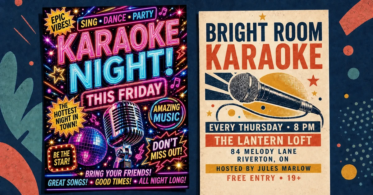 Two fictional karaoke flyers: an overloaded flyer with hype but few useful details, beside a clear flyer with the venue, address, weekly schedule, host, cost, and age limit