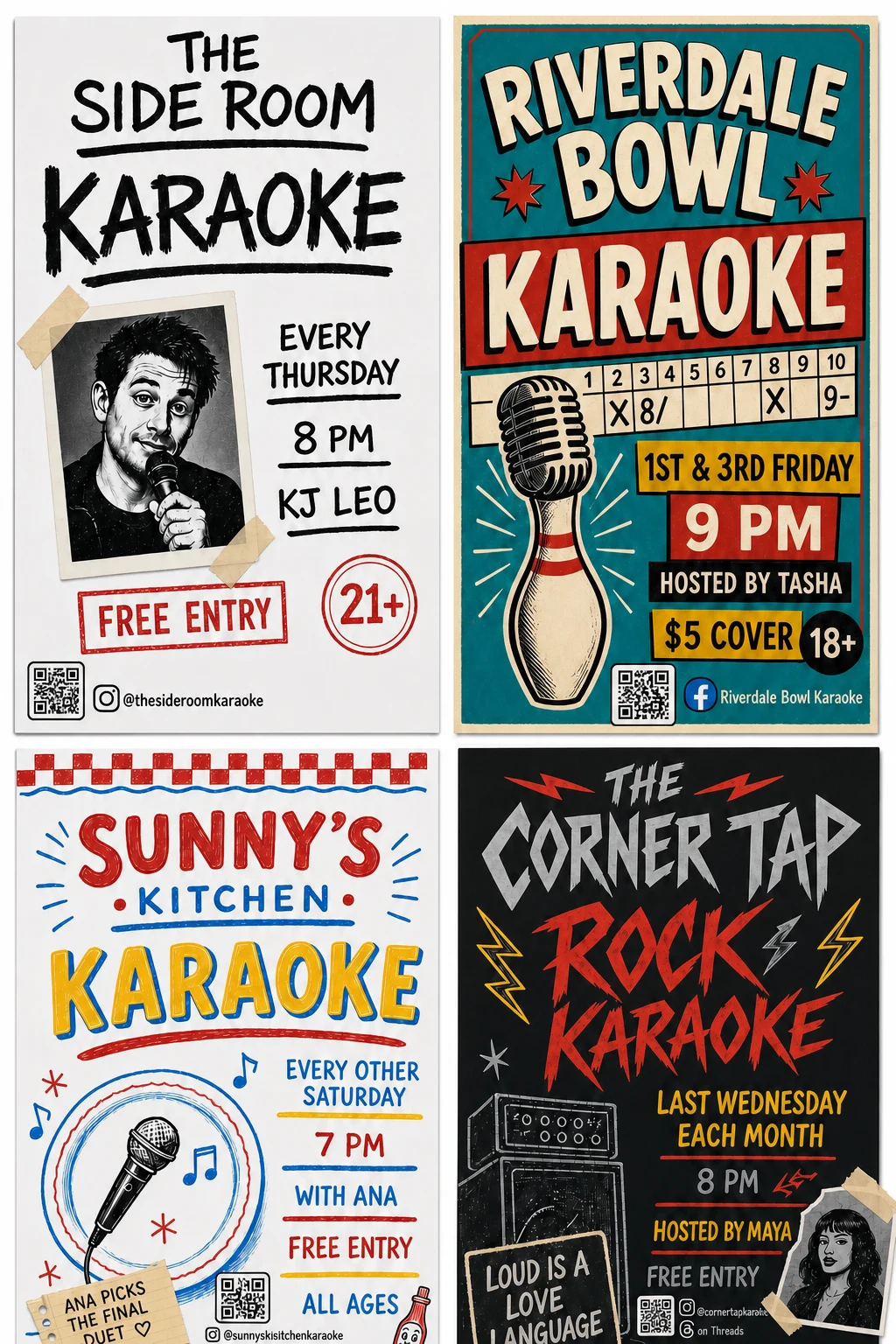 Four in-venue karaoke night poster ideas for a dive bar, neighborhood bowling alley, family restaurant, and hard-rock pub, showing distinct poster designs with fictional venue names, explicit weekly, every-other-week, twice-monthly, and monthly schedules, hosts, prices, age policies, host portraits, local jokes, and labeled QR-style social profile blocks but no street addresses.