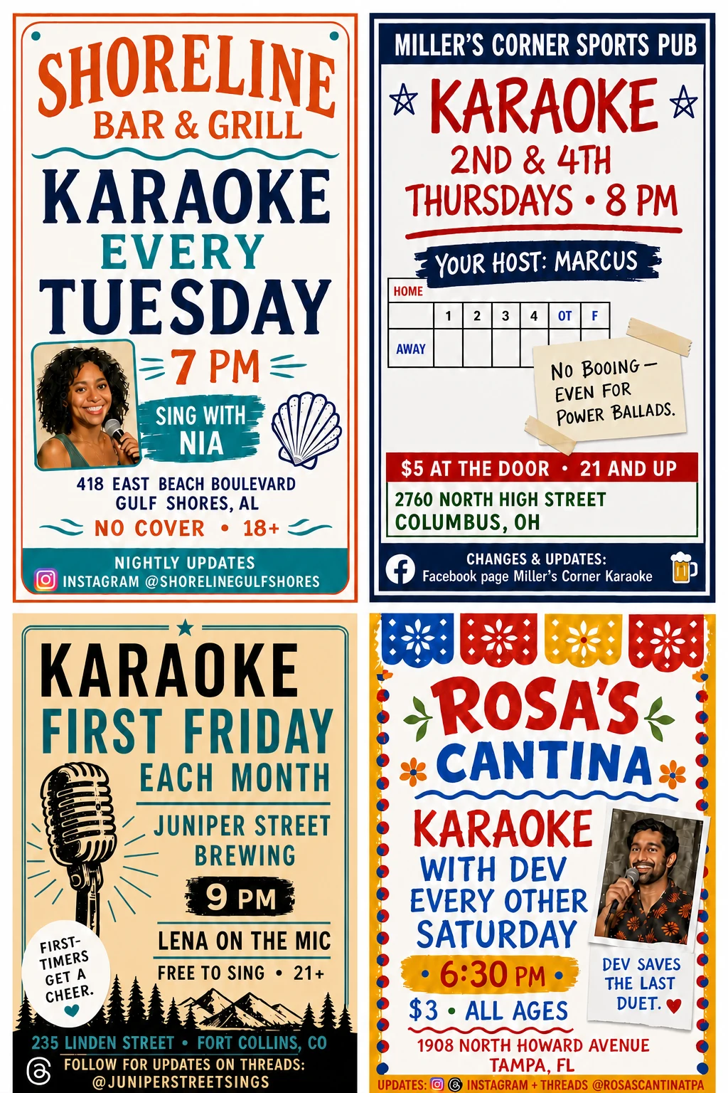 Four realistic online karaoke event flyer examples for a beach bar and grill, neighborhood sports pub, brewery taproom, and Mexican cantina, showing distinct portrait 4:5 karaoke flyer design ideas with fictional hosts, complete street addresses including city and state, explicit weekly, every-other-week, twice-monthly, and monthly schedules, cover prices, age policies, personal host details, and recognizable Instagram, Facebook, and Threads icons beside the labeled update accounts.
