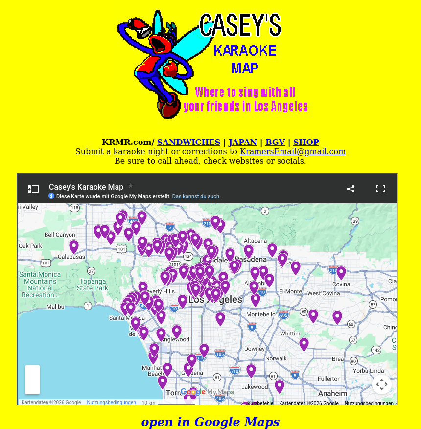 Casey's Karaoke List and map for Los Angeles