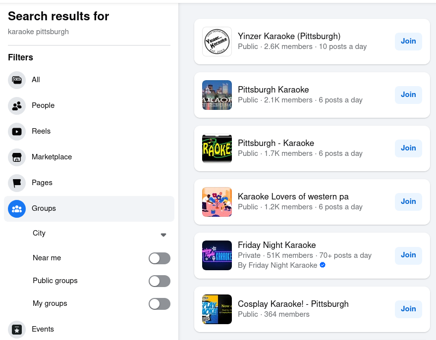 Facebook search results for karaoke Pittsburgh groups