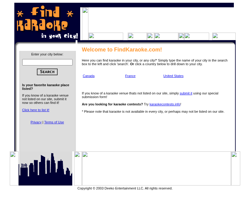 FindKaraoke.com city search and country directory from 2003