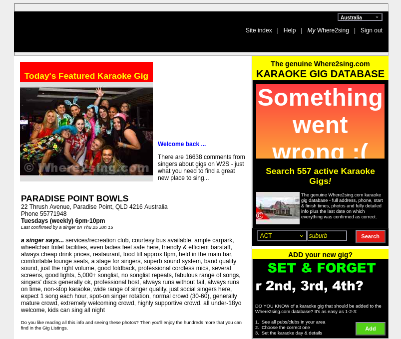 Where2sing.com in the Wayback Machine, showing the frozen karaoke gig database
