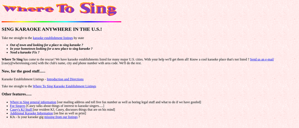 Where To Sing karaoke directory homepage from December 1996